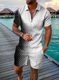 Men's Summer Fashion 3D Printed Short Sleeve Geometric Zip Lapel Shirt Set