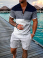 Men's Summer Fashion 3D Printed Short Sleeve Geometric Zip Lapel Shirt Set