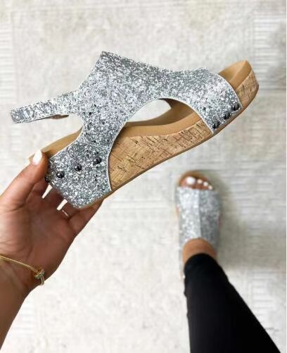 Chunky Wedges Sandals Fashion Sequins Velcro Shoes Women - FLIPSTYLEZLLC