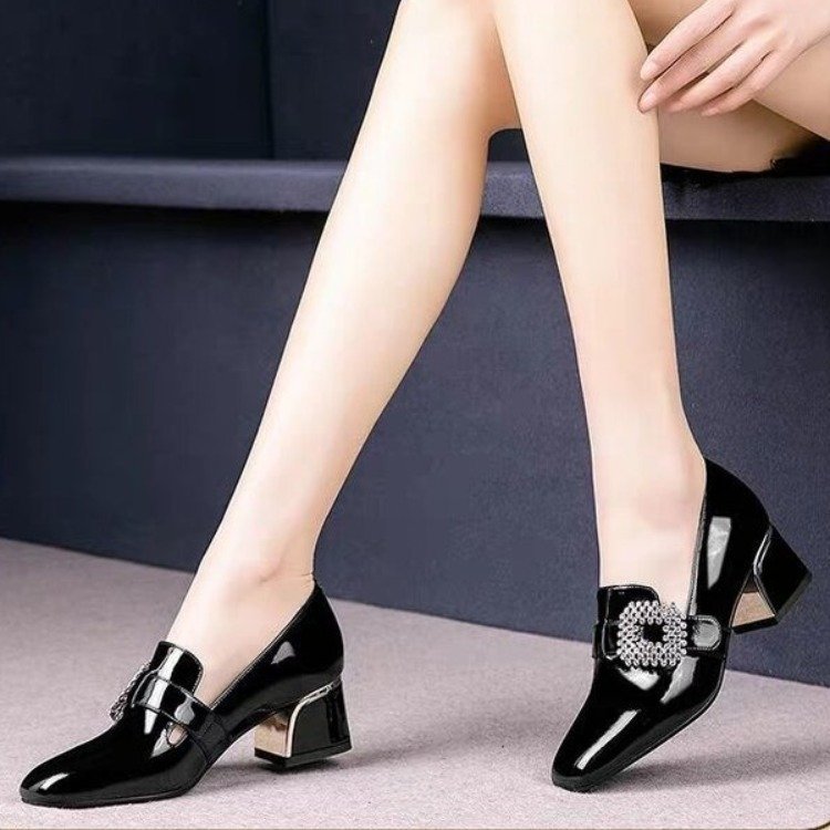 Trendy Thick Heel Shoes Women Square Toe  Mouth Shoes Rhinestone Patent Leather High Heels Low-Top Shoes - FLIPSTYLEZLLC