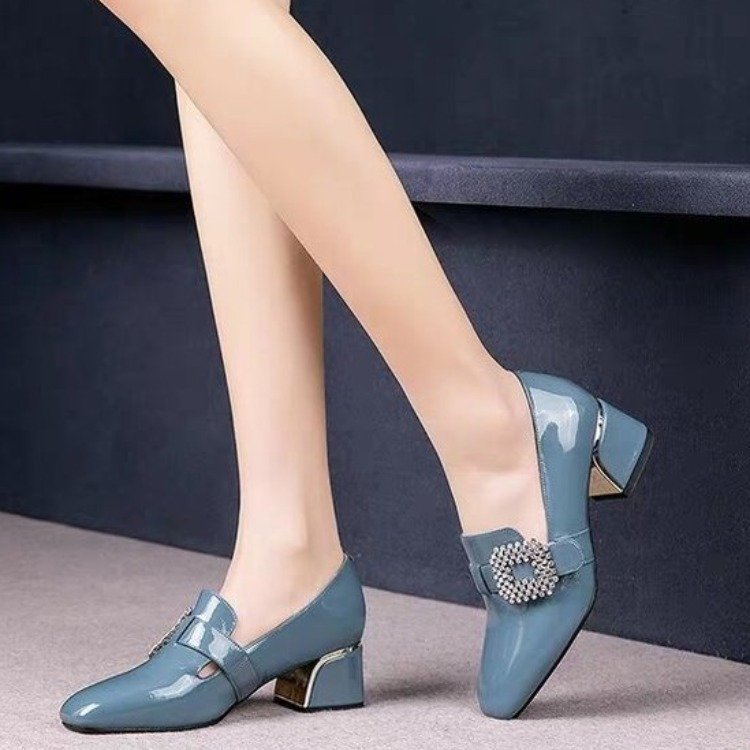 Trendy Thick Heel Shoes Women Square Toe  Mouth Shoes Rhinestone Patent Leather High Heels Low-Top Shoes - FLIPSTYLEZLLC