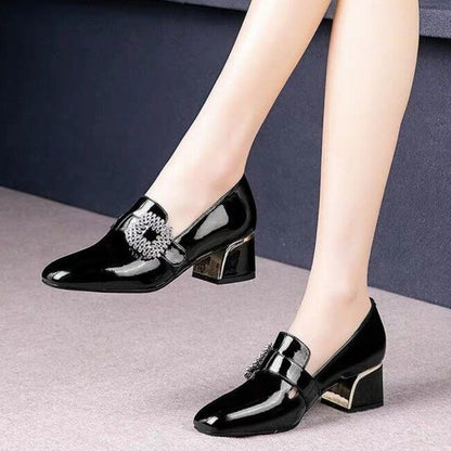 Trendy Thick Heel Shoes Women Square Toe  Mouth Shoes Rhinestone Patent Leather High Heels Low-Top Shoes - FLIPSTYLEZLLC