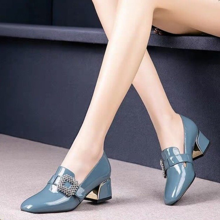 Trendy Thick Heel Shoes Women Square Toe  Mouth Shoes Rhinestone Patent Leather High Heels Low-Top Shoes - FLIPSTYLEZLLC