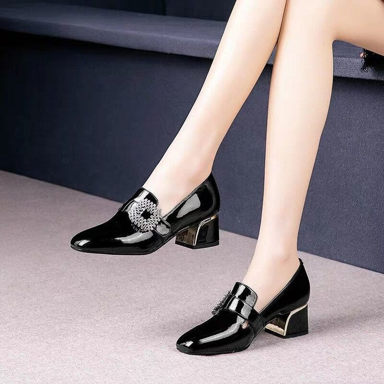 Trendy Thick Heel Shoes Women Square Toe  Mouth Shoes Rhinestone Patent Leather High Heels Low-Top Shoes - FLIPSTYLEZLLC