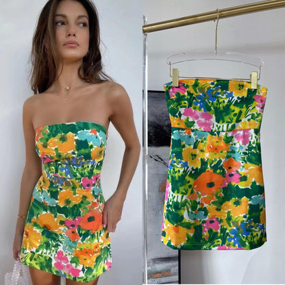 Design new products, casual printing, colorful floral wrap dress, sexy tube top dress