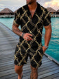 Men's Summer Fashion 3D Printed Short Sleeve Geometric Zip Lapel Shirt Set