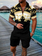 Men's Summer Fashion 3D Printed Short Sleeve Geometric Zip Lapel Shirt Set