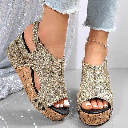 Chunky Wedges Sandals Fashion Sequins Velcro Shoes Women - FLIPSTYLEZLLC