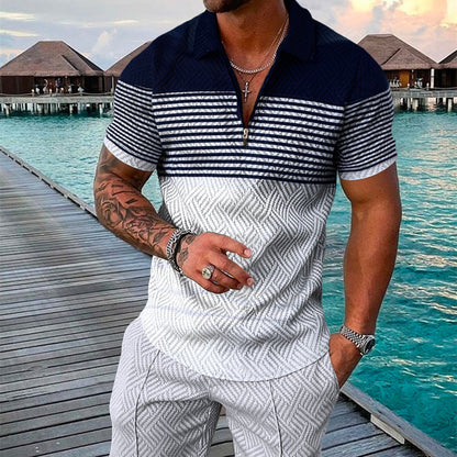 Men's Summer Fashion 3D Printed Short Sleeve Geometric Zip Lapel Shirt Set