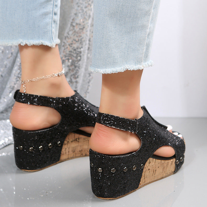 Chunky Wedges Sandals Fashion Sequins Velcro Shoes Women - FLIPSTYLEZLLC